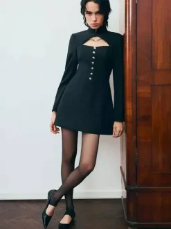 Cutout Long Sleeve Mini Dress For Women - Mock Neck Button Detail Dress - Spring Date Night Party 2026