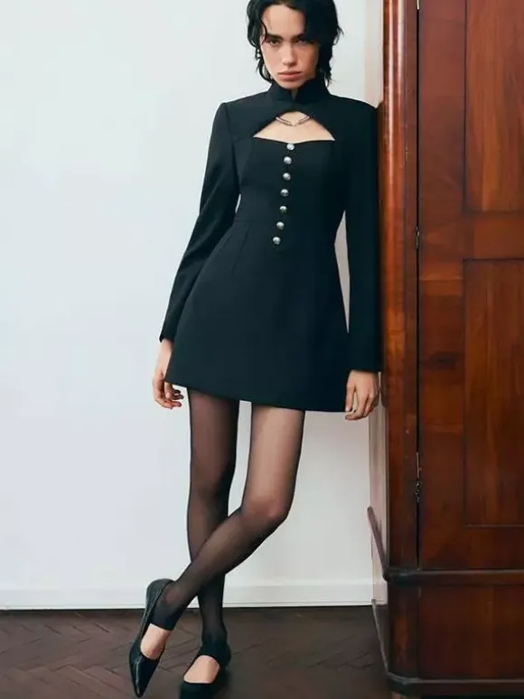Cutout Long Sleeve Mini Dress For Women - Mock Neck Button Detail Dress - Spring Date Night Party 2026