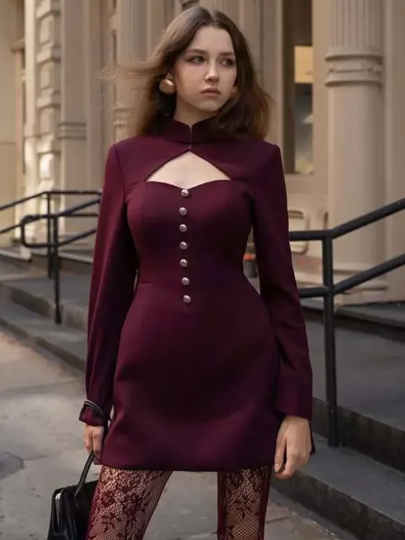 Cutout Long Sleeve Mini Dress For Women - Mock Neck Button Detail Dress - Spring Date Night Party 2026