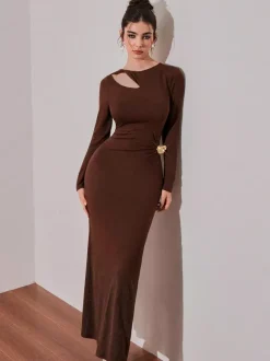Cutout Side Ruched Maxi Party Dress With Gold Metal Accent For Women 2026