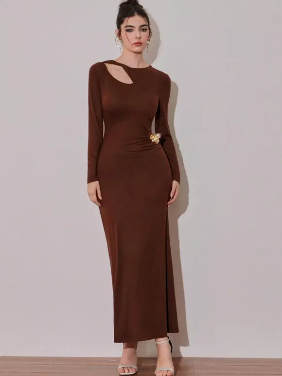 Cutout Side Ruched Maxi Party Dress With Gold Metal Accent For Women 2026