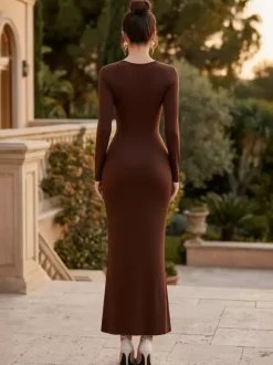 Cutout Side Ruched Maxi Party Dress With Gold Metal Accent For Women 2026