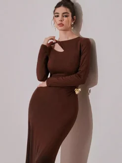 Cutout Side Ruched Maxi Party Dress With Gold Metal Accent For Women 2026