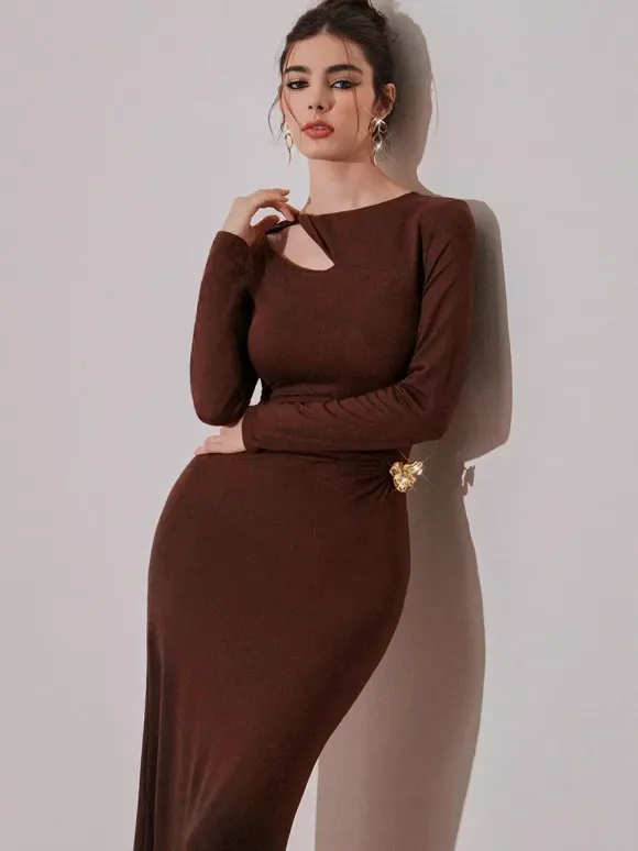 Cutout Side Ruched Maxi Party Dress With Gold Metal Accent For Women 2026