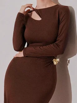 Cutout Side Ruched Maxi Party Dress With Gold Metal Accent For Women 2026