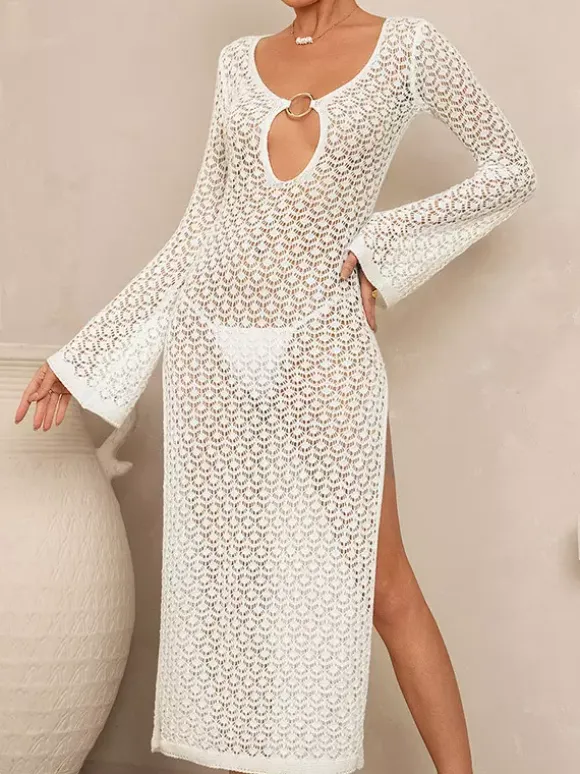 Cutout V-Neck Flare Sleeve Hollow Knit Side Slit Beach Cover Up Maxi Dress