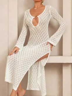 Cutout V-Neck Flare Sleeve Hollow Knit Side Slit Beach Cover Up Maxi Dress