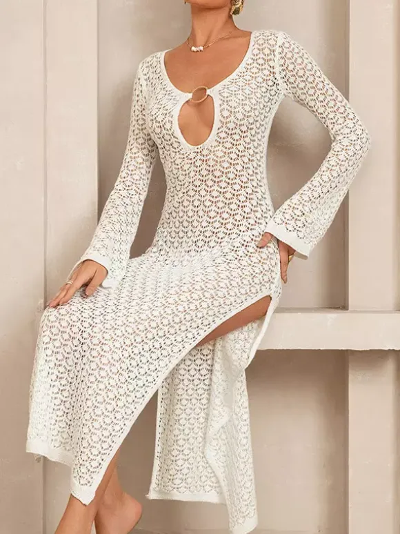 Cutout V-Neck Flare Sleeve Hollow Knit Side Slit Beach Cover Up Maxi Dress