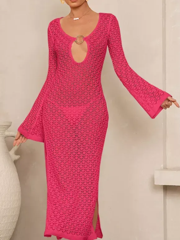 Cutout V-Neck Flare Sleeve Hollow Knit Side Slit Beach Cover Up Maxi Dress