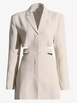 Cut Out Blazer For Women - Beige Elegant Single Button Slim Fit Long Jacket - Spring Office-to-dinner 2026
