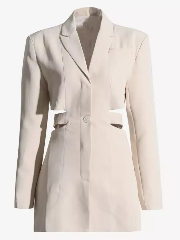 Cut Out Blazer For Women - Beige Elegant Single Button Slim Fit Long Jacket - Spring Office-to-dinner 2026