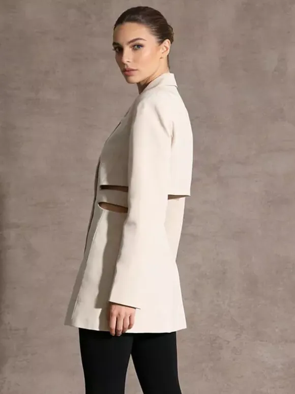 Cut Out Blazer For Women - Beige Elegant Single Button Slim Fit Long Jacket - Spring Office-to-dinner 2026