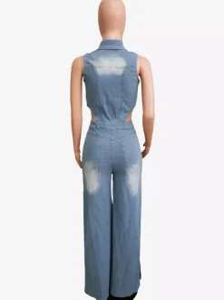 Cut Out Denim Jumpsuit For Women - Light Blue Sexy Side Slit Wide Leg One Piece Romper - Summer Night Clubwear 2026