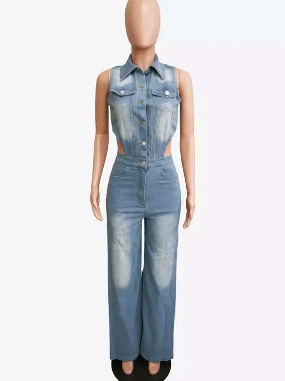 Cut Out Denim Jumpsuit For Women - Light Blue Sexy Side Slit Wide Leg One Piece Romper - Summer Night Clubwear 2026