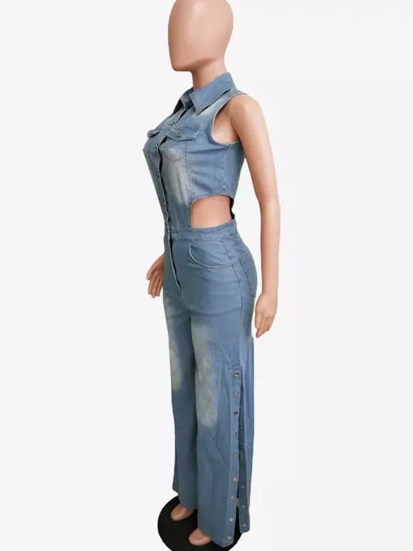 Cut Out Denim Jumpsuit For Women - Light Blue Sexy Side Slit Wide Leg One Piece Romper - Summer Night Clubwear 2026