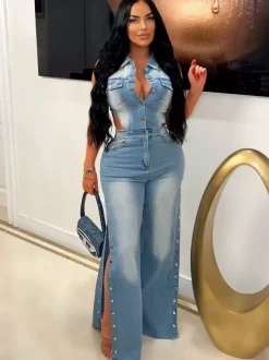 Cut Out Denim Jumpsuit For Women - Light Blue Sexy Side Slit Wide Leg One Piece Romper - Summer Night Clubwear 2026