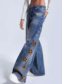 Cutout Flower Wide Leg Jeans For Women - Medium Wash Vintage Distressed Y2K Pants - Spring Festival Streetwear 2026