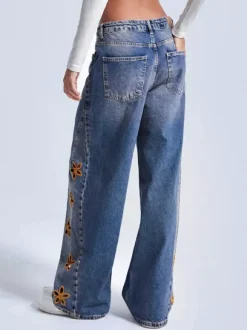Cutout Flower Wide Leg Jeans For Women - Medium Wash Vintage Distressed Y2K Pants - Spring Festival Streetwear 2026