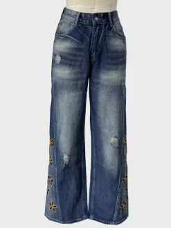 Cutout Flower Wide Leg Jeans For Women - Medium Wash Vintage Distressed Y2K Pants - Spring Festival Streetwear 2026