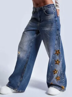 Cutout Flower Wide Leg Jeans For Women - Medium Wash Vintage Distressed Y2K Pants - Spring Festival Streetwear 2026