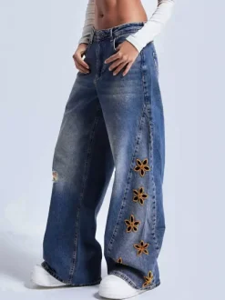 Cutout Flower Wide Leg Jeans For Women - Medium Wash Vintage Distressed Y2K Pants - Spring Festival Streetwear 2026