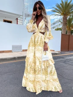 Cutout Leaf Print Maxi Dress for Women - Tropical Lantern Sleeve V Neck Tiered Long Dress - Spring Resort Wear 2026