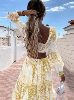 Cutout Leaf Print Maxi Dress for Women - Tropical Lantern Sleeve V Neck Tiered Long Dress - Spring Resort Wear 2026