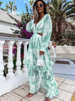 Cutout Leaf Print Maxi Dress for Women - Tropical Lantern Sleeve V Neck Tiered Long Dress - Spring Resort Wear 2026