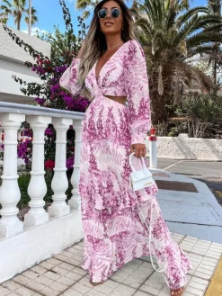 Cutout Leaf Print Maxi Dress for Women - Tropical Lantern Sleeve V Neck Tiered Long Dress - Spring Resort Wear 2026