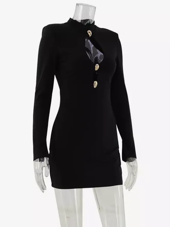 Cut Out Mini Dress For Women - Black Elegant Long Sleeve Gold Button Bodycon - Spring Night Out Club Party 2026