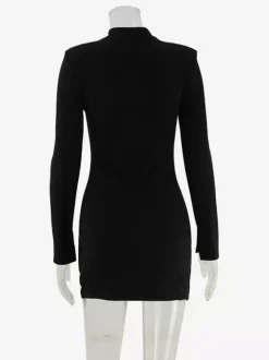 Cut Out Mini Dress For Women - Black Elegant Long Sleeve Gold Button Bodycon - Spring Night Out Club Party 2026