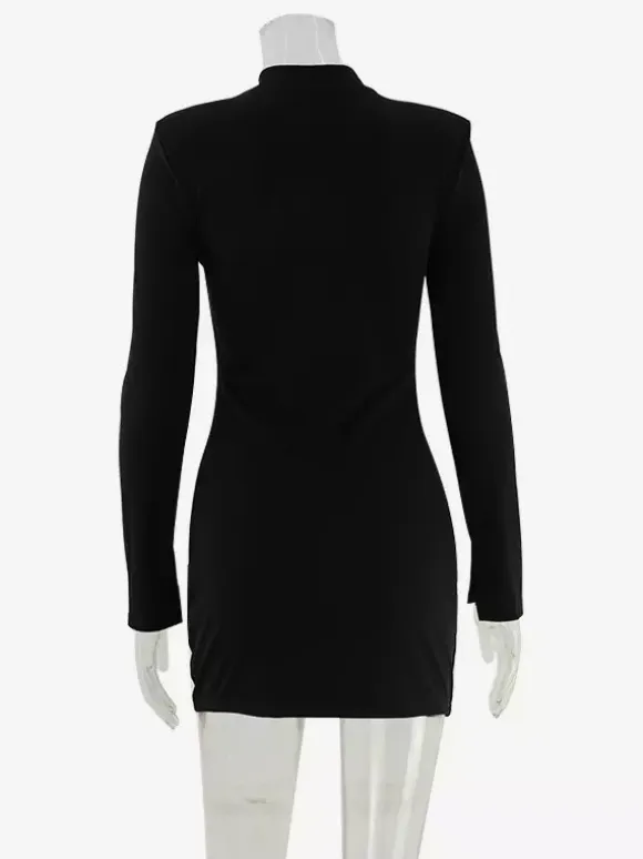 Cut Out Mini Dress For Women - Black Elegant Long Sleeve Gold Button Bodycon - Spring Night Out Club Party 2026
