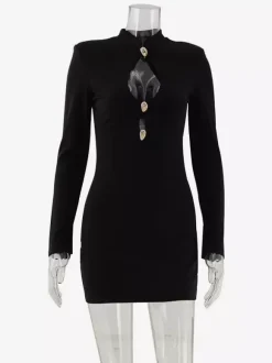 Cut Out Mini Dress For Women - Black Elegant Long Sleeve Gold Button Bodycon - Spring Night Out Club Party 2026