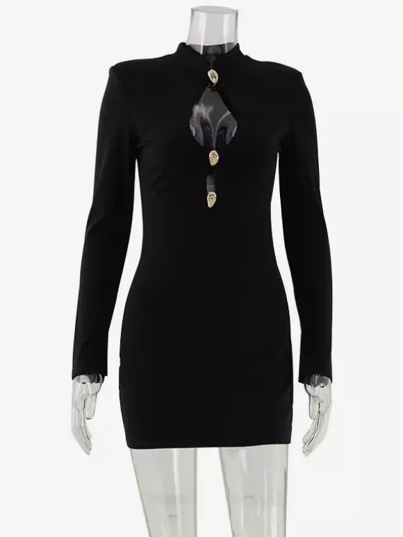 Cut Out Mini Dress For Women - Black Elegant Long Sleeve Gold Button Bodycon - Spring Night Out Club Party 2026