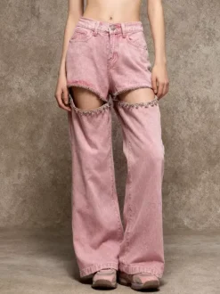 Cutout Rhinestone Pink Jeans For Women - High Waist Wide Leg Y2K Denim Pants - Summer Night Out Streetwear 2026