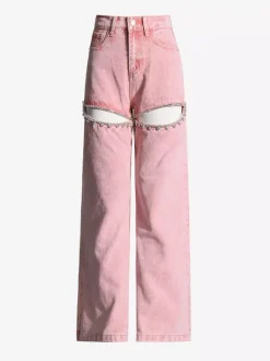 Cutout Rhinestone Pink Jeans For Women - High Waist Wide Leg Y2K Denim Pants - Summer Night Out Streetwear 2026