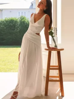 Cut Out Sleeveless Maxi Dress for Women - Boho V Neck Ruched Waist Backless Flowy A Line Sun Dress - Summer Wedding Guest 2026