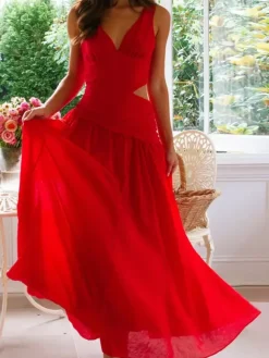 Cut Out Sleeveless Maxi Dress for Women - Boho V Neck Ruched Waist Backless Flowy A Line Sun Dress - Summer Wedding Guest 2026