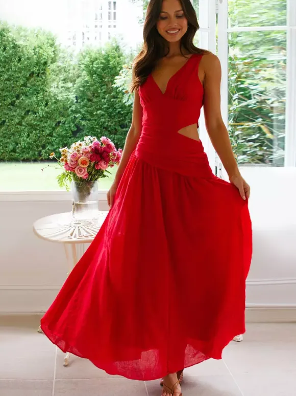 Cut Out Sleeveless Maxi Dress for Women - Boho V Neck Ruched Waist Backless Flowy A Line Sun Dress - Summer Wedding Guest 2026