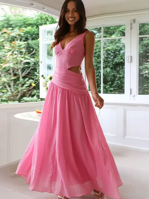 Cut Out Sleeveless Maxi Dress for Women - Boho V Neck Ruched Waist Backless Flowy A Line Sun Dress - Summer Wedding Guest 2026
