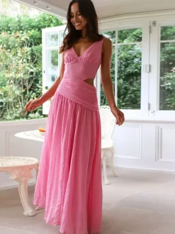 Cut Out Sleeveless Maxi Dress for Women - Boho V Neck Ruched Waist Backless Flowy A Line Sun Dress - Summer Wedding Guest 2026