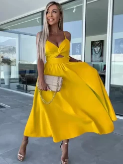 Cutout Twist Midi Slip Dress for Women - Sexy V Neck Split Cocktail Sun Dress - Summer Resort Wedding Guest 2026