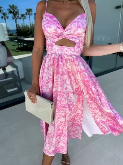 Cutout Twist Midi Slip Dress for Women - Sexy V Neck Split Cocktail Sun Dress - Summer Resort Wedding Guest 2026