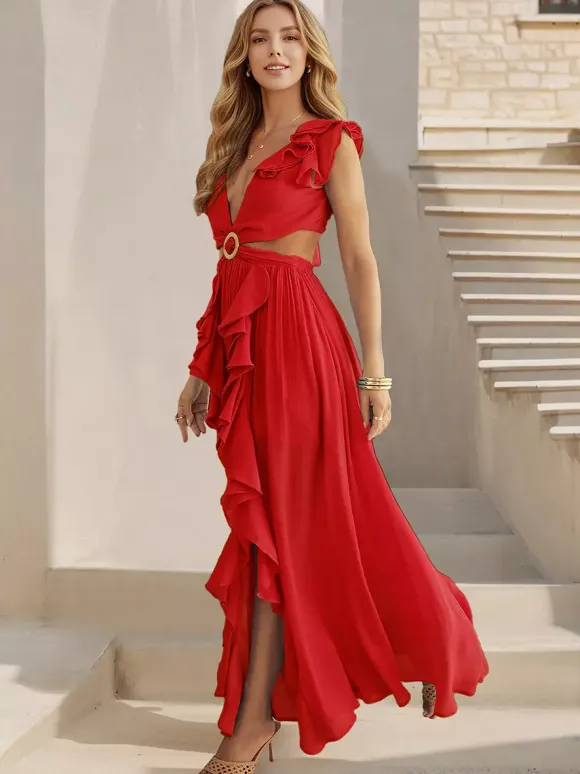 Cut Out Waist Maxi Dress for Women - Ruffle Deep V Neck Ring Linked Sleeveless Flowy A-Line Gown - Summer Beach Party 2026
