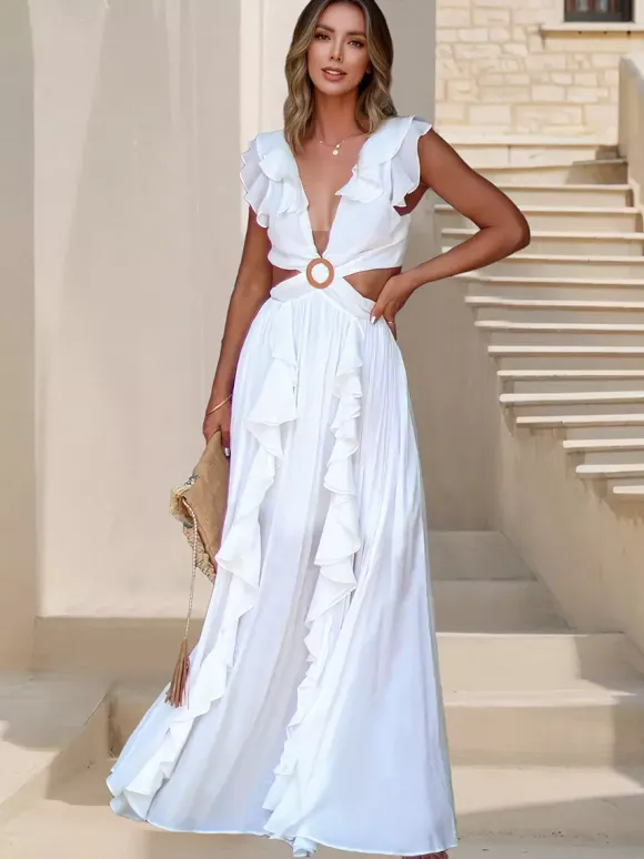 Cut Out Waist Maxi Dress for Women - Ruffle Deep V Neck Ring Linked Sleeveless Flowy A-Line Gown - Summer Beach Party 2026