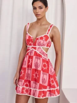 Cutout Waist Mini Sun Dress for Women - Boho Printed V Neck Sleeveless Flare Skater Dress - Summer Beach Party 2026