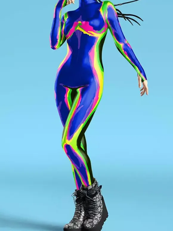 Cyberpunk Patterned Zentai Suits Women's Red Body Thermal Imaging Print Cosplay Jumpsuit Performance Costume Bodysuit Bodycon Large