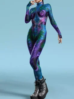 Cyberpunk Patterned Zentai Suits Women's Red Body Thermal Imaging Print Cosplay Jumpsuit Performance Costume Bodysuit Bodycon Large
