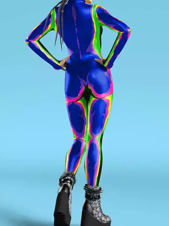 Cyberpunk Patterned Zentai Suits Women's Red Body Thermal Imaging Print Cosplay Jumpsuit Performance Costume Bodysuit Bodycon Large