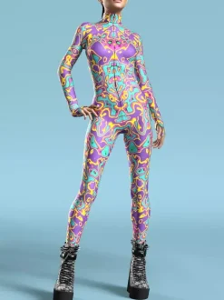Cyberpunk Patterned Zentai Suits Women's Red Body Thermal Imaging Print Cosplay Jumpsuit Performance Costume Bodysuit Bodycon Large
